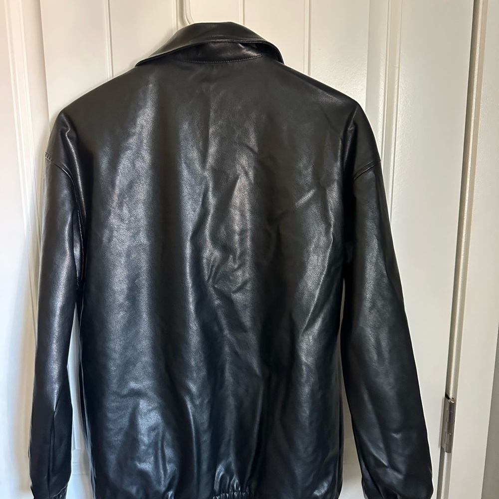 Women's Faux Leather Bomber Jacket Black XS Oversized 90s Retro Moto - Picture 3 of 6